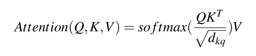Attention(Q, K, V) = softmax(Q K transposed divided by the square root of d) V