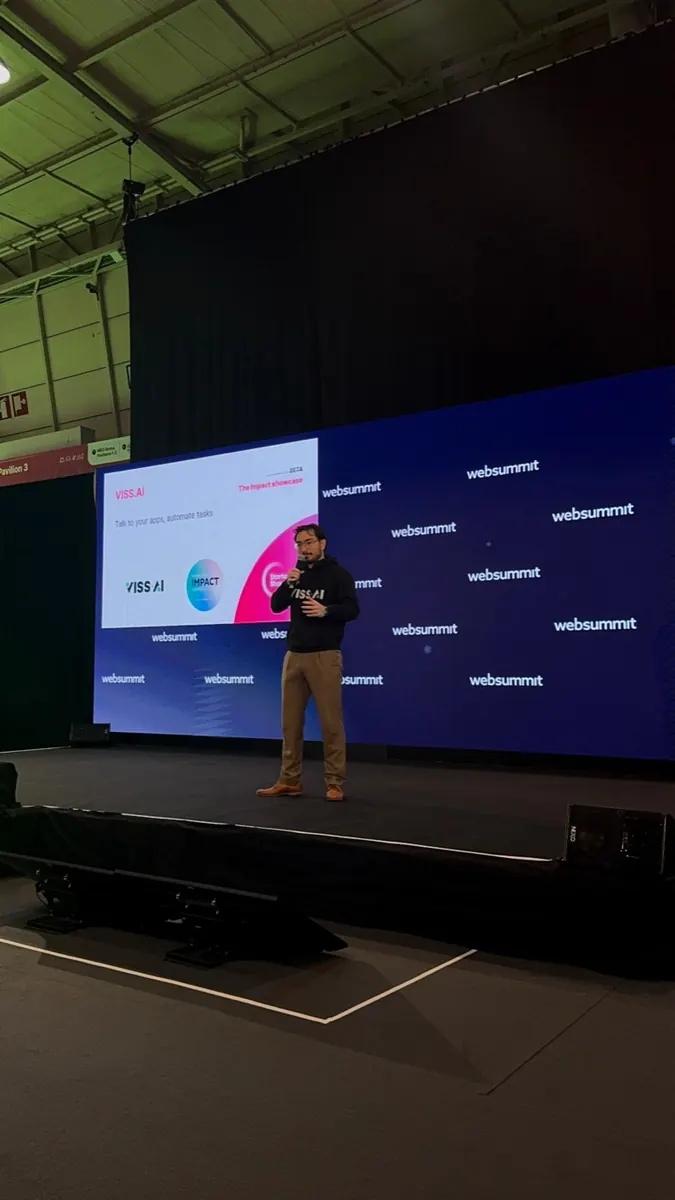 Fredric Lundberg pitching VISS.AI on the Impact showcase stage at Web Summit